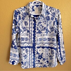 Joie Linen Blue and White Patterned Long Sleeve Button Down Shirt